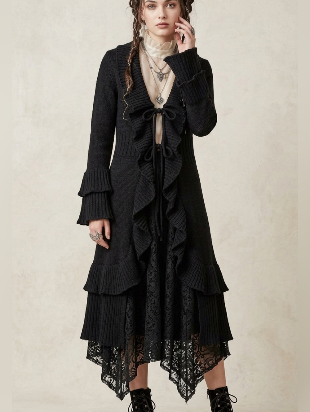 Vintage Black Ruffle Knit Long Duster Cardigan Whimsygoth Cottagecore M
